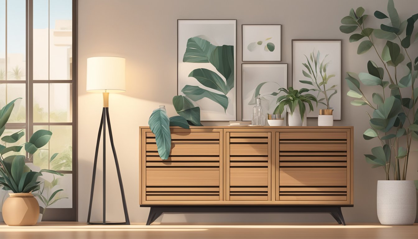 A stylish sideboard stands against a neutral wall, surrounded by carefully curated decor and illuminated by soft, ambient lighting