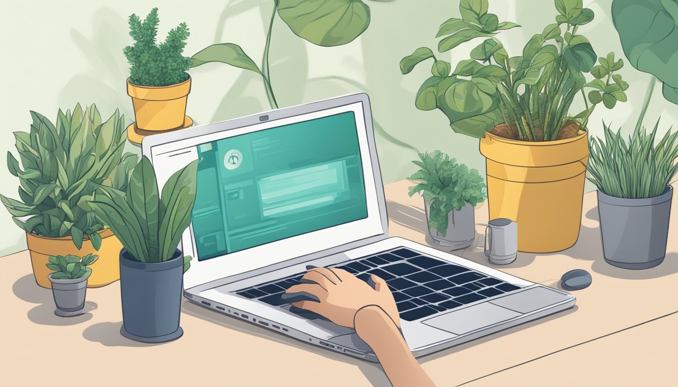 A laptop on a desk showing a website with a variety of plant stands. A hand reaches for a mouse to click "buy now."