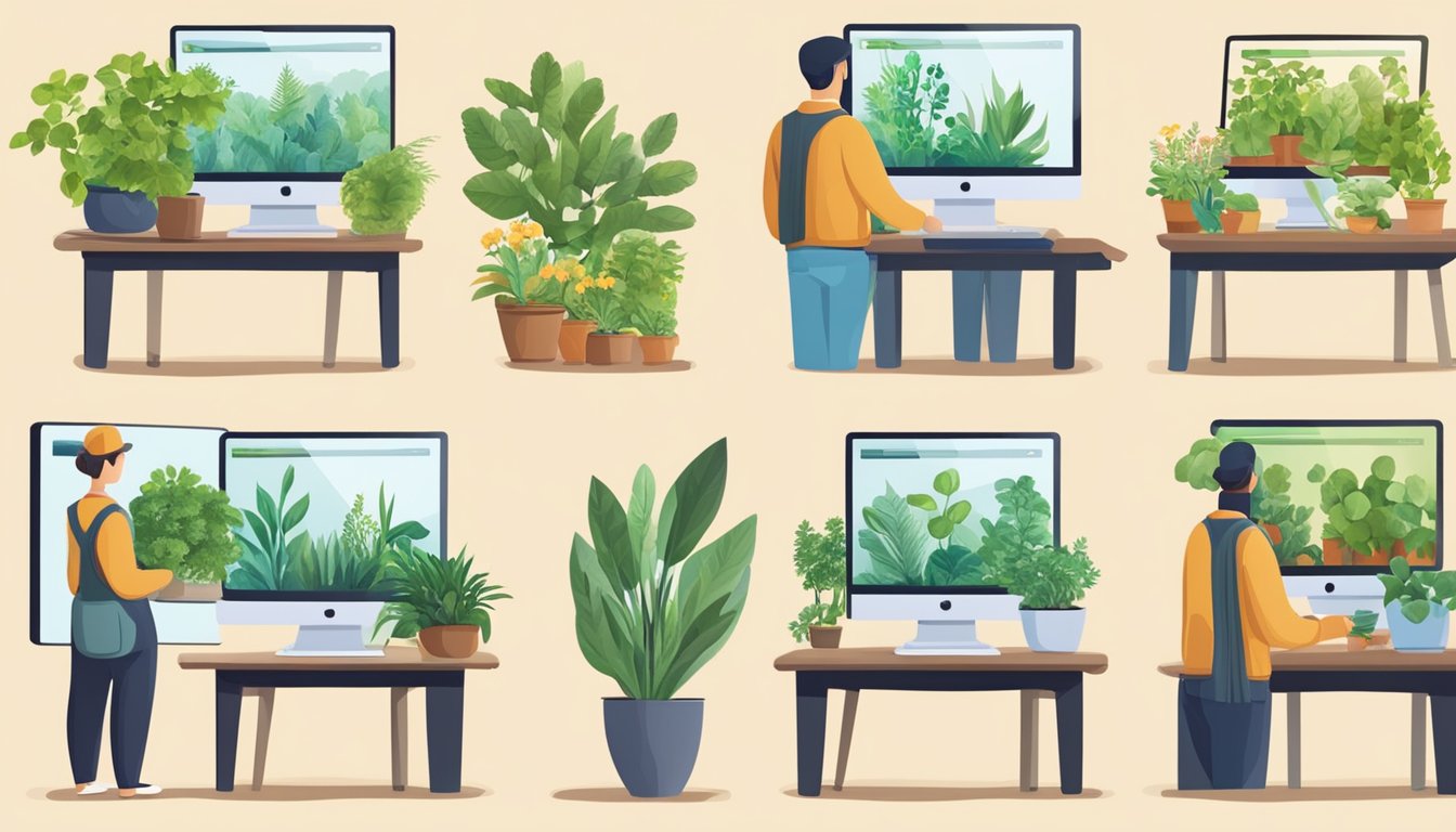A person browsing online, selecting a plant stand from various options displayed on a computer screen