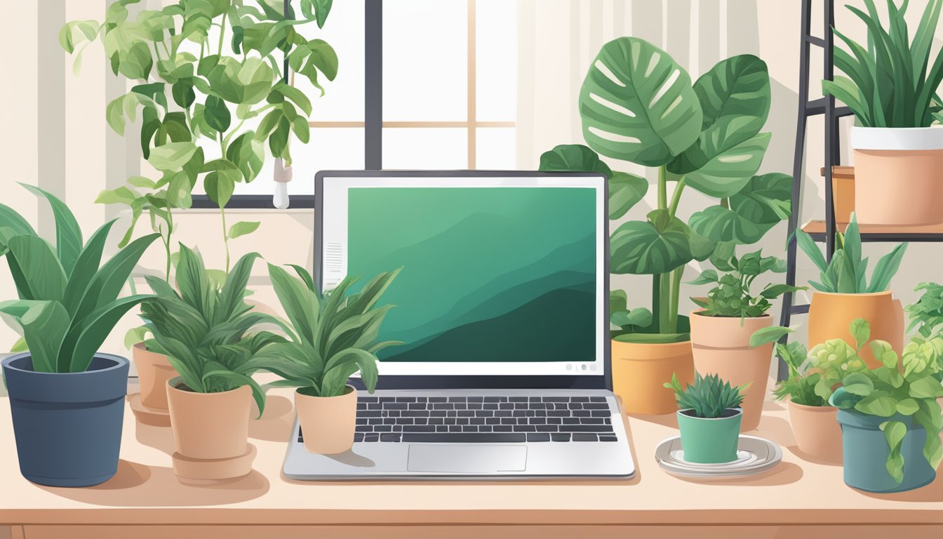 A laptop displaying an online plant stand store, surrounded by various potted plants and a cozy living room setting