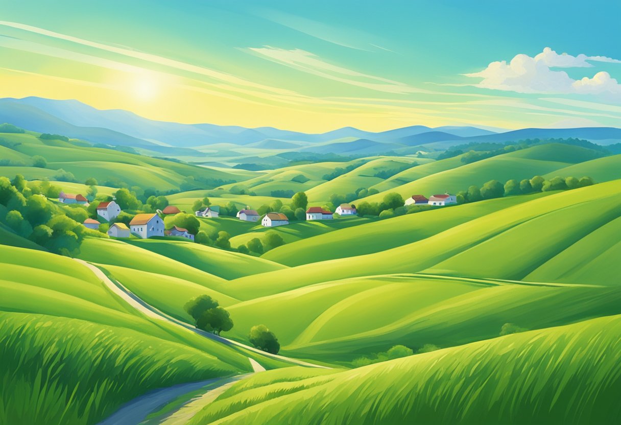 Rolling hills, green pastures, and a small town nestled in the countryside. The sun shines brightly in the clear blue sky, with a gentle breeze blowing through the landscape