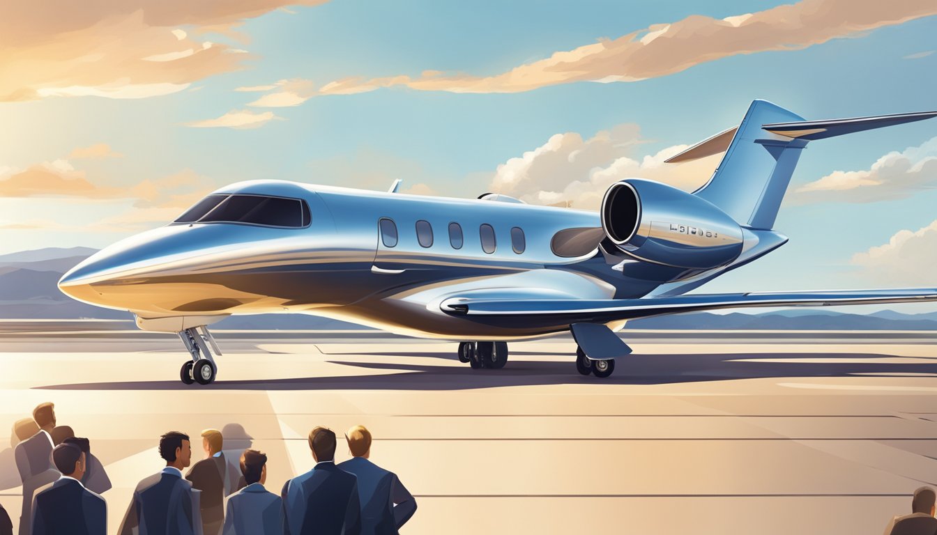 A sleek private jet sits on a tarmac, glistening in the sunlight, with a backdrop of a luxurious airport terminal and a line of admiring onlookers