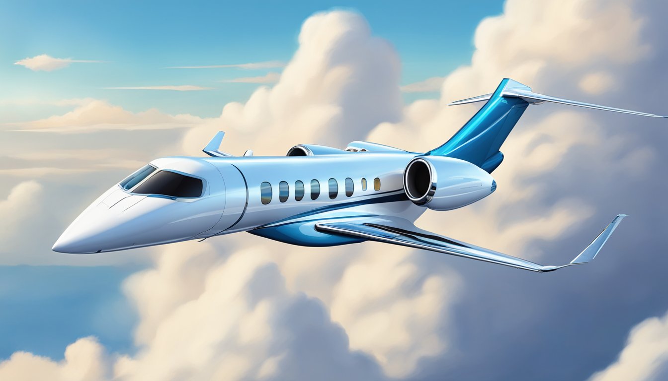 A private jet soaring through a clear blue sky, with a sleek and luxurious design, showcasing its impressive speed and comfort
