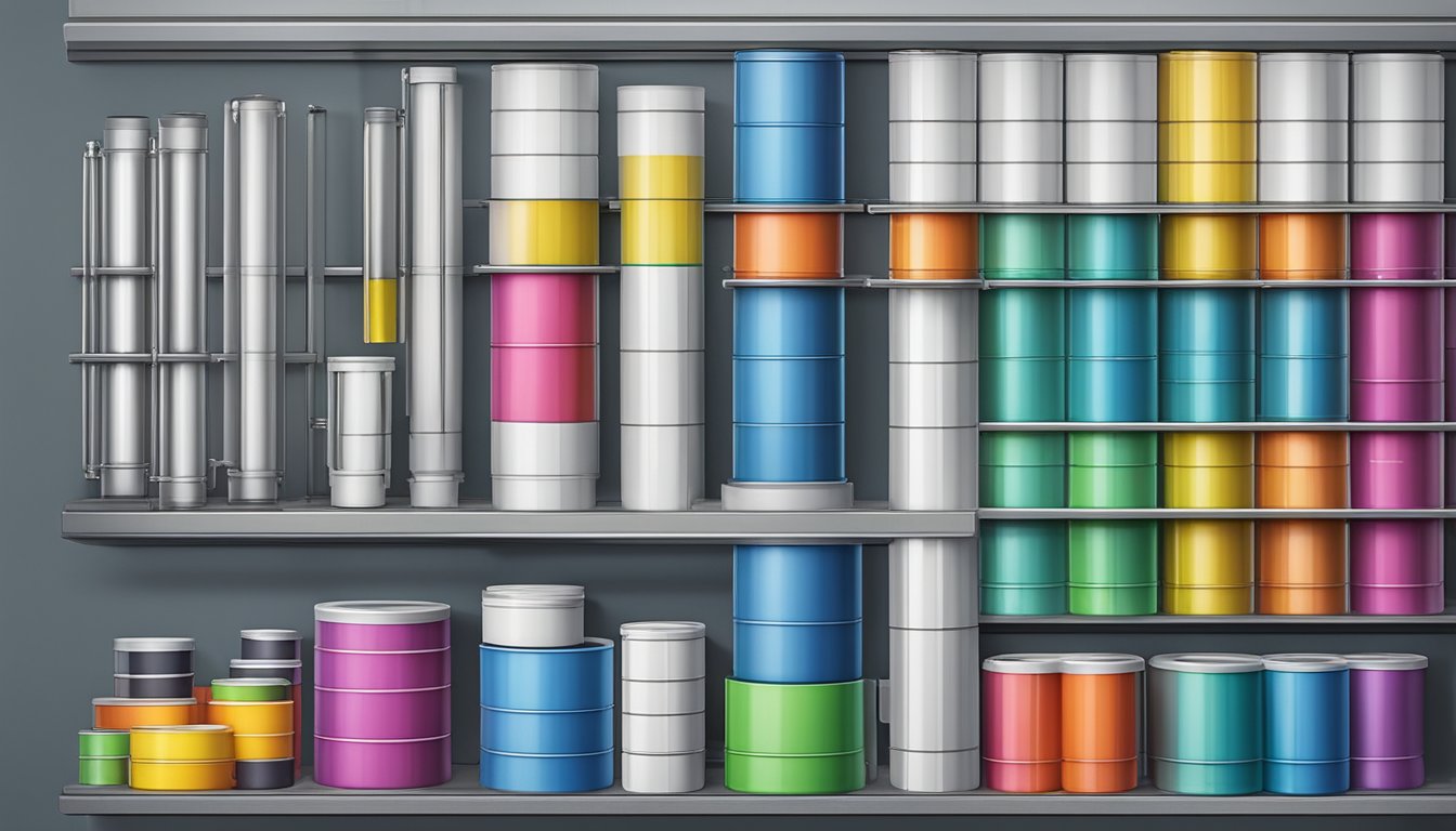 A variety of PVC pipes in different sizes and colors are displayed on shelves, with clear labels indicating their specific uses. An online shopping website is shown on a computer screen, with a "buy now" button highlighted