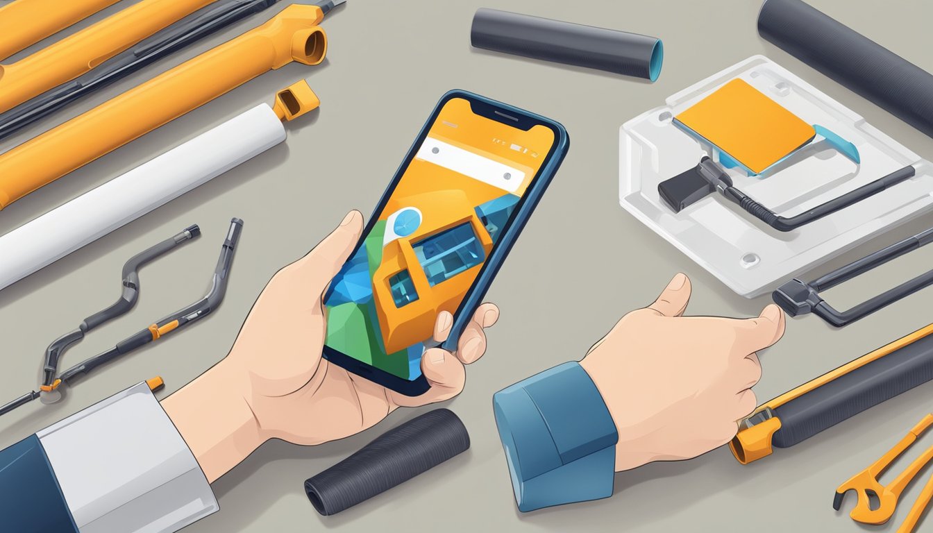 A hand holding a smartphone, selecting PVC pipe online. Another hand with a toolbox, ready for installation