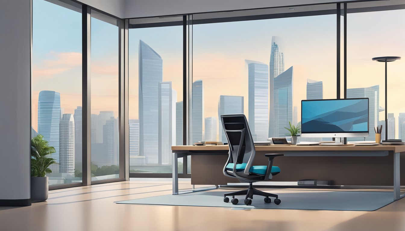 A sleek Steelcase chair sits in a modern office in Singapore. The chair is positioned in front of a clean, minimalist desk, with the city skyline visible through the window behind it
