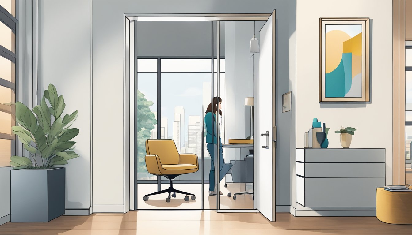 A person opens a door to reveal a sleek Steelcase chair in a well-lit room with modern decor