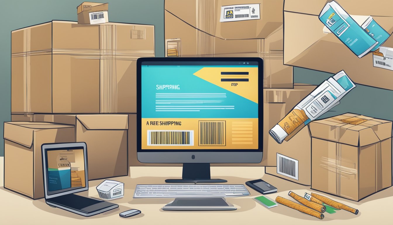 Tobacco products ordered online, packaging labeled "free shipping," surrounded by shipping materials and a computer screen showing the online purchase confirmation