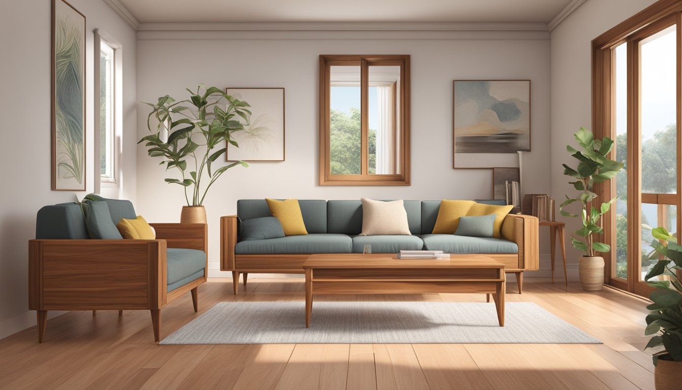A person discovers a beautiful teak furniture set online, with a sleek design and rich wood grain. The furniture is showcased in a well-lit room with a minimalist, modern aesthetic