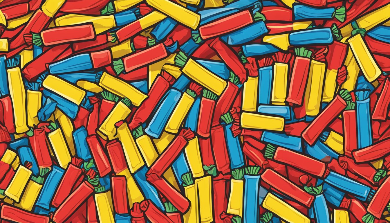 A hand reaches into a red and yellow package of Twizzlers, pulling out a bright, twisted candy. The background is filled with various flavors and sizes of the iconic licorice twists