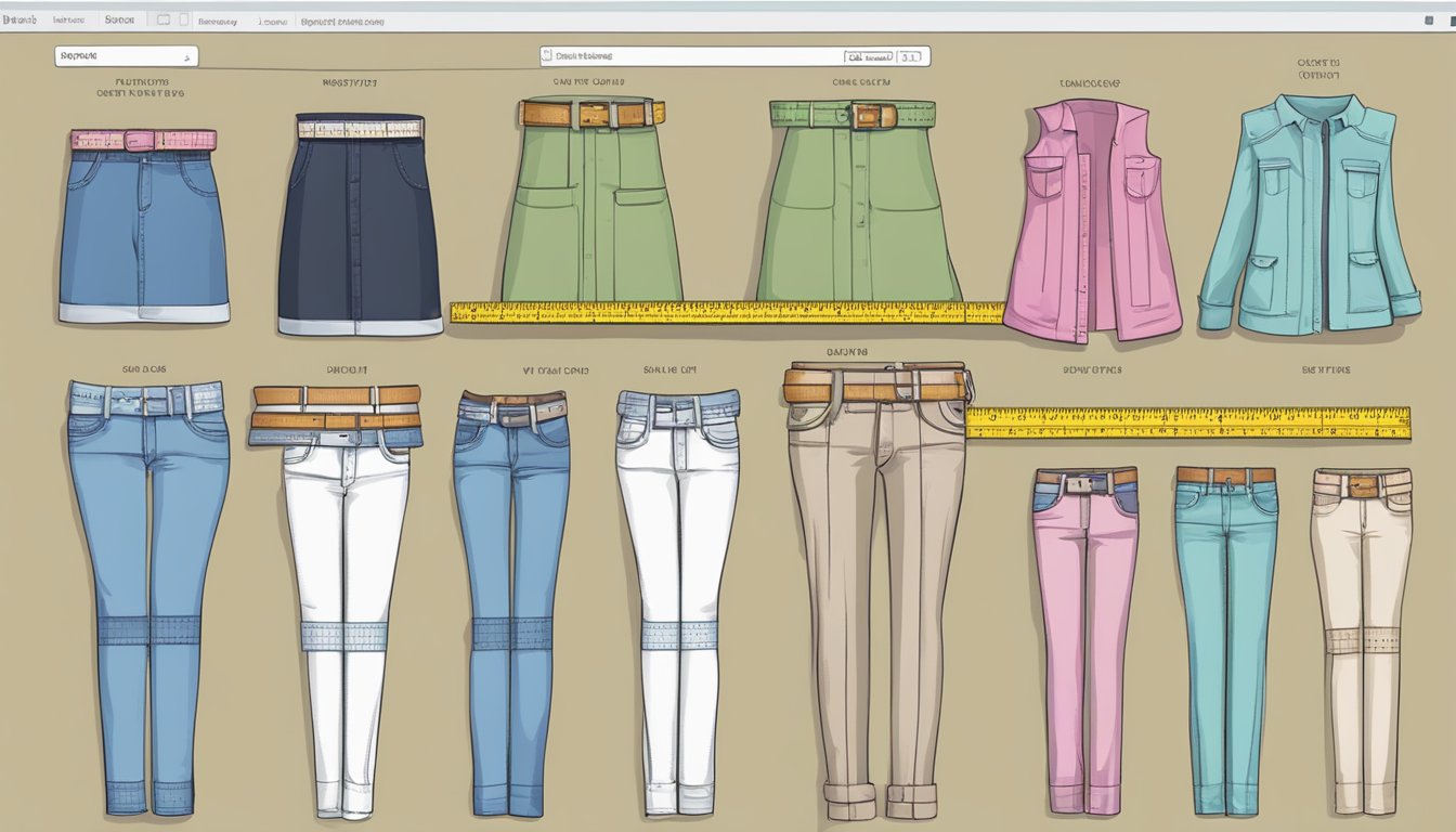 A computer screen showing a belt sizing chart with a measuring tape and a variety of belt styles displayed for online purchase