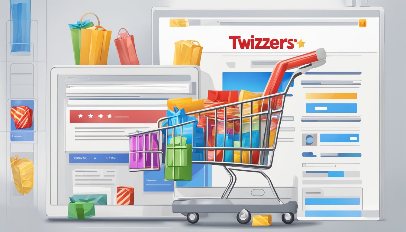 A computer screen displaying an online shopping website with a search bar for "Twizzlers" and a "Add to Cart" button