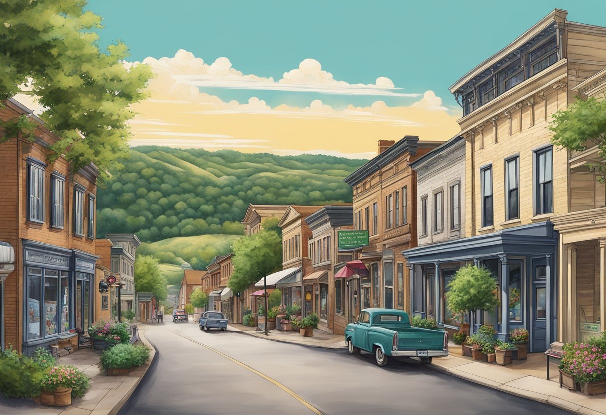 Helena, OH: A quaint town nestled among rolling hills and lush greenery, with a charming main street lined with historic buildings and a sense of peacefulness in the air