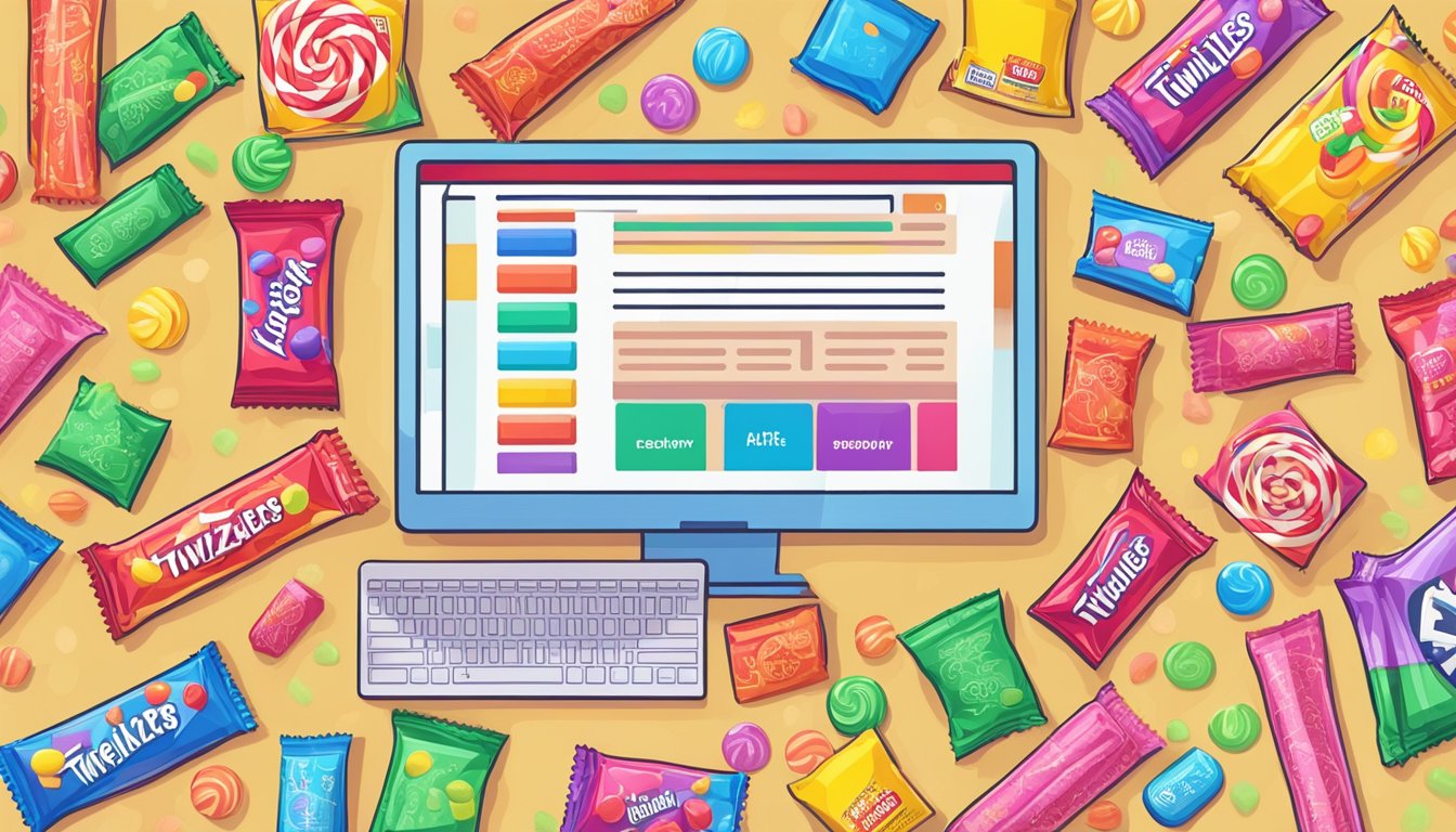A computer screen displaying a webpage with the title "Frequently Asked Questions buy twizzlers online" surrounded by various colorful candy packages