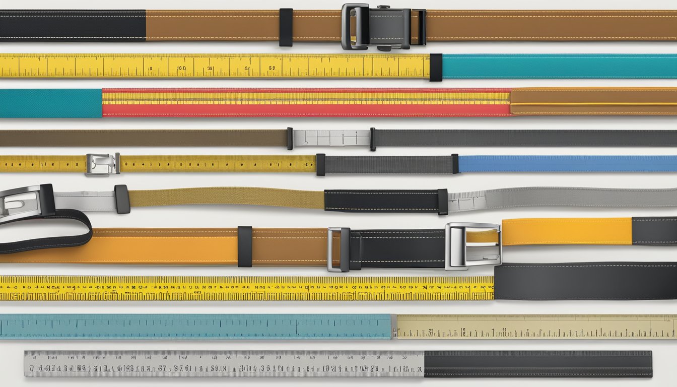 A computer screen displaying a variety of belts in different sizes, with a ruler and measuring tape nearby for reference