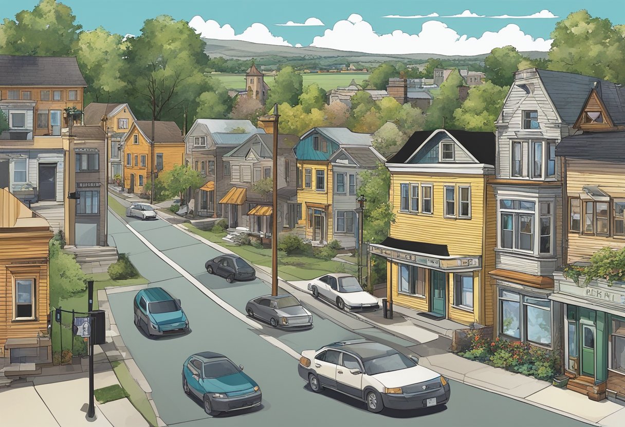 The scene shows houses and streets in Helena, OH, with a mix of residential and commercial buildings. The population is diverse, with people of various ages and backgrounds