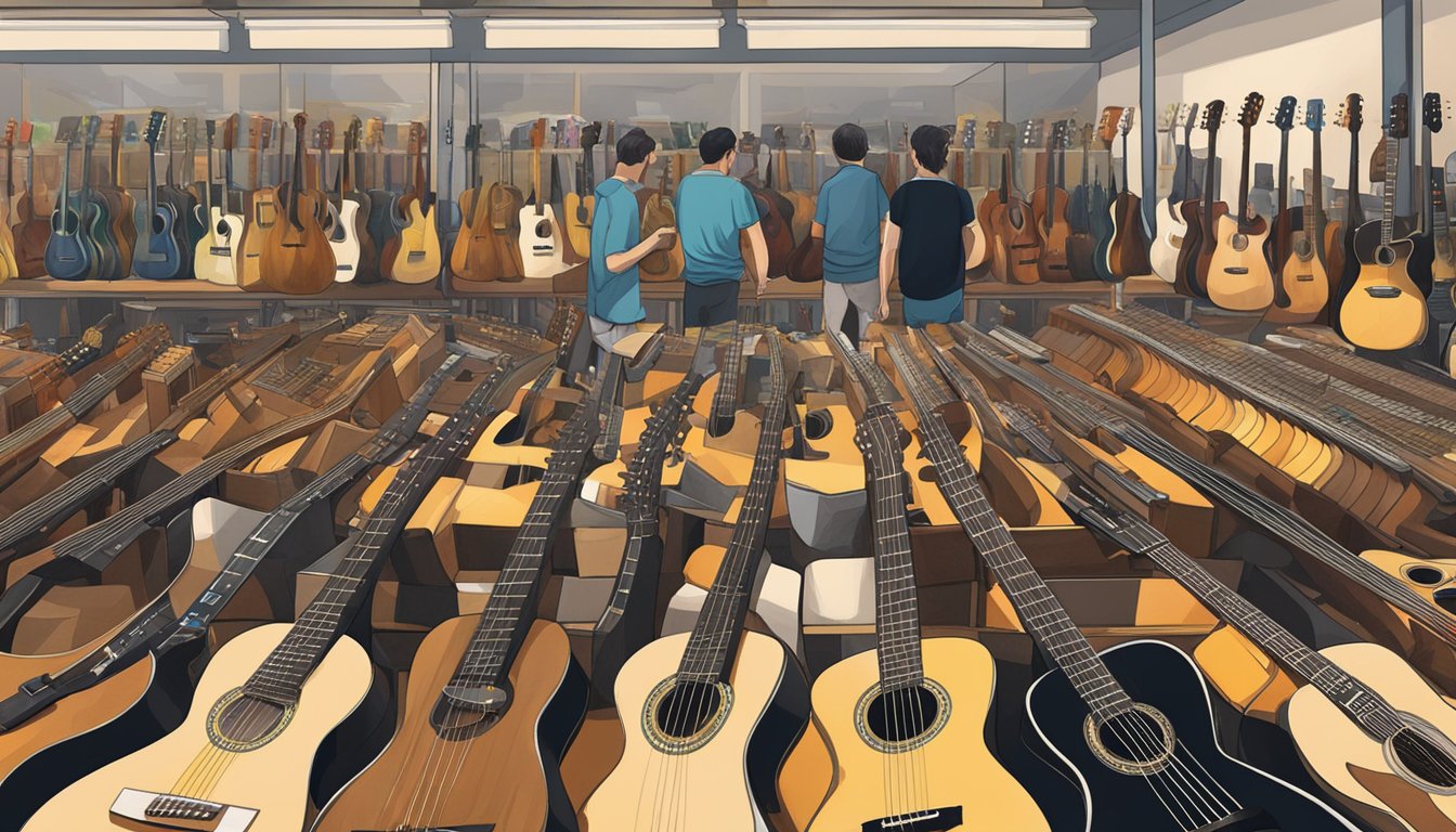 A bustling marketplace with rows of preloved guitars on display. Bargain hunters sift through the selection, inspecting the instruments for quality and value