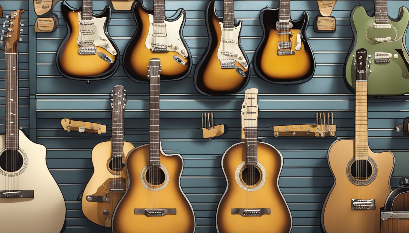 A display of various guitar models with accessories, surrounded by knowledgeable staff assisting customers