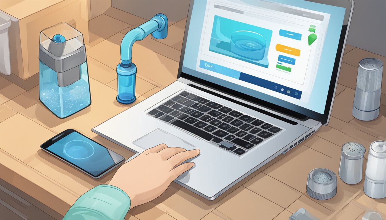 A hand clicks "buy now" on a laptop. A water filter arrives at the doorstep. It is easily installed under the sink