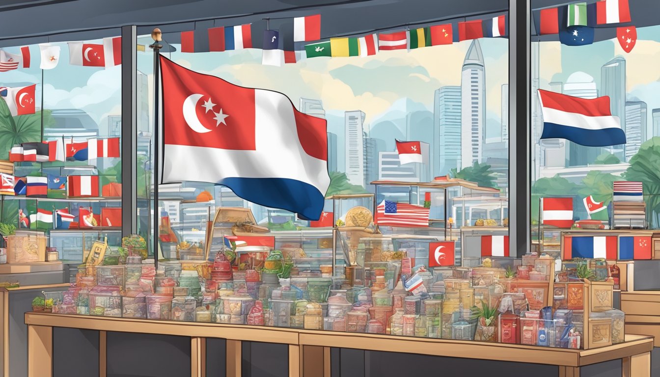 A small Singapore flag is displayed in a souvenir shop window, surrounded by other national flags and tourist trinkets
