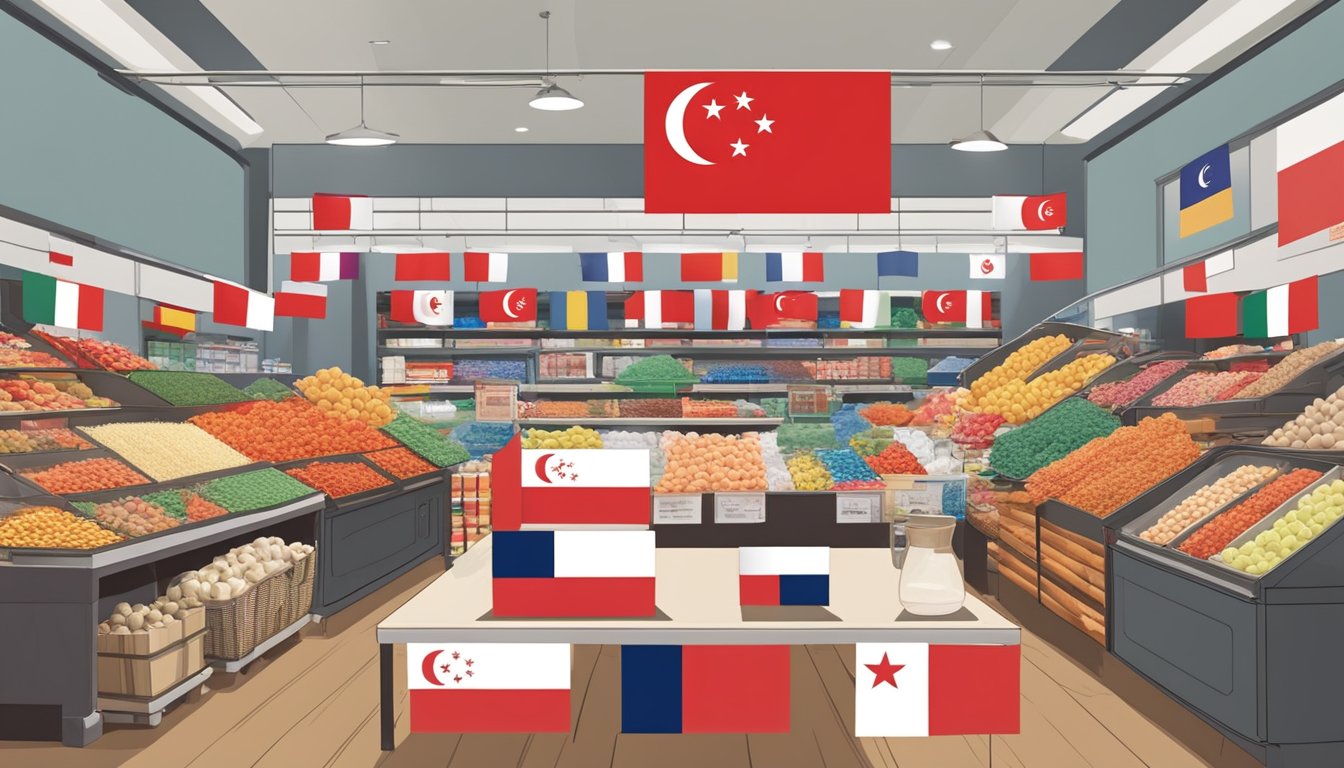 A small Singapore flag displayed in a local market stall, surrounded by other national flags