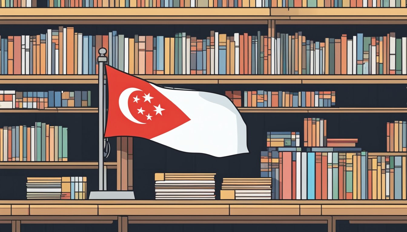 A small Singapore flag displayed on a shelf with a sign reading "Frequently Asked Questions: Where to buy small Singapore flag."