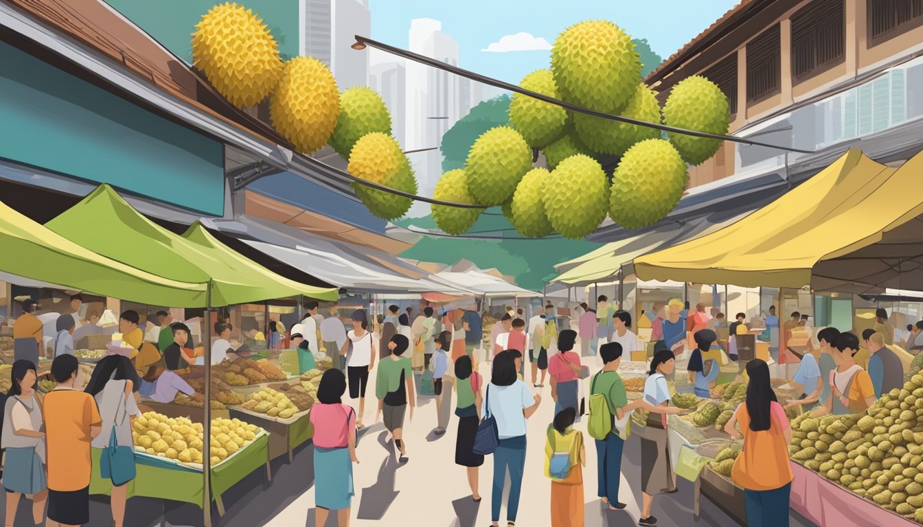 A bustling marketplace in Singapore, with colorful stalls selling dried durian, surrounded by eager customers