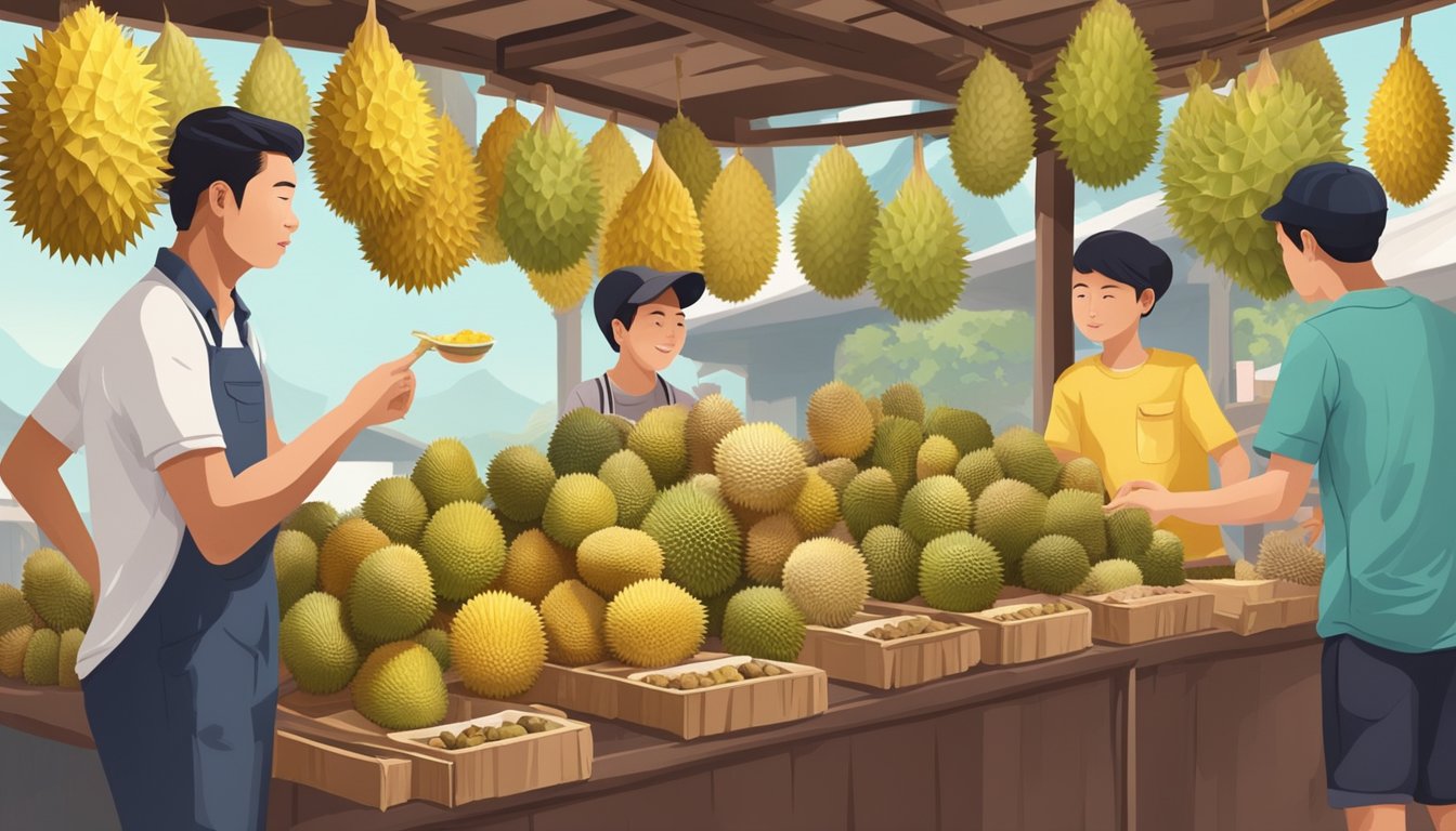 A colorful market stall displays a variety of dried durian, with vendors eagerly explaining the different flavors and textures to curious customers