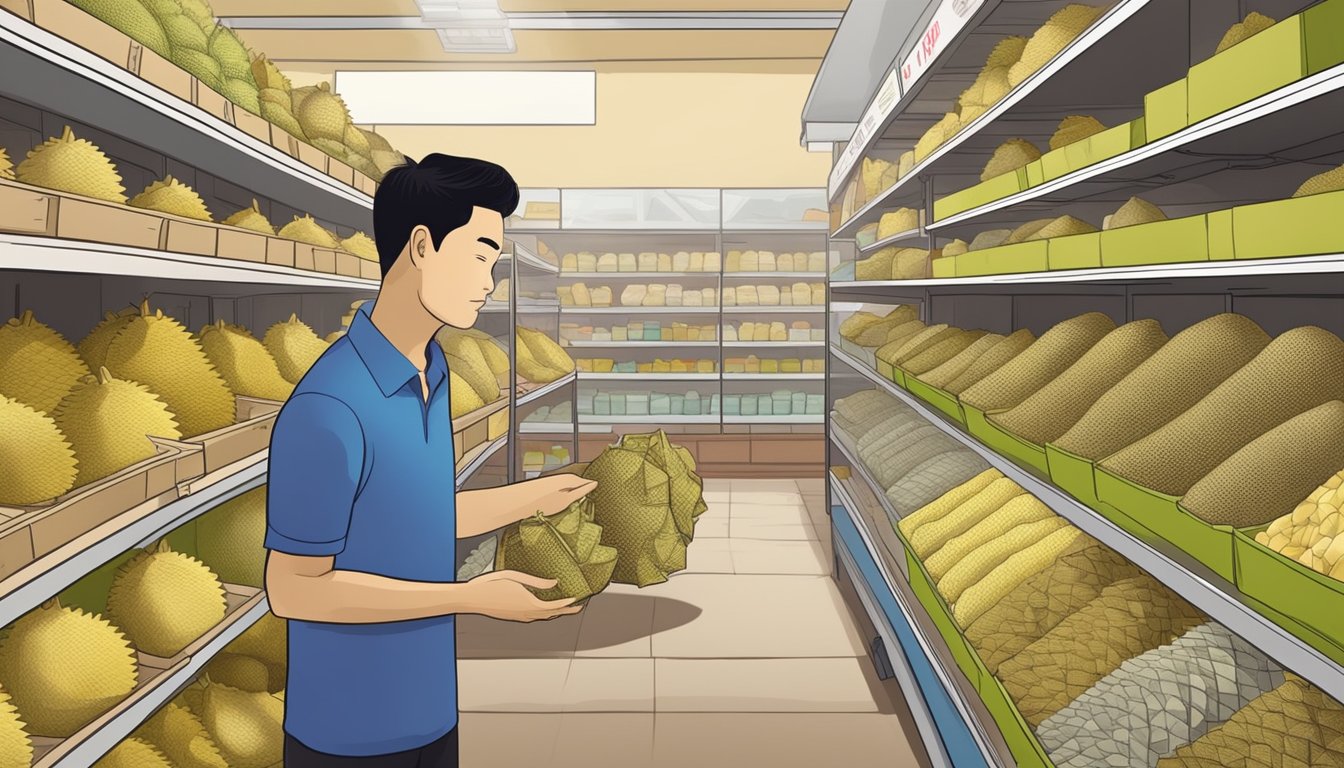 Shelves stocked with dried durian packages in a Singaporean market. Customers browsing and asking staff for assistance