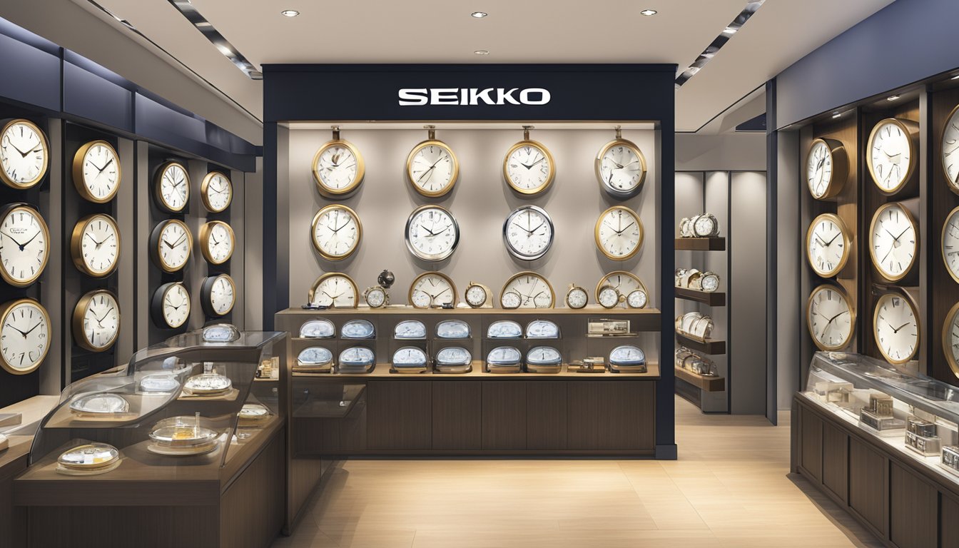 A display of Seiko wall clocks in a Singaporean store, with various designs and sizes showcased on a well-lit wall