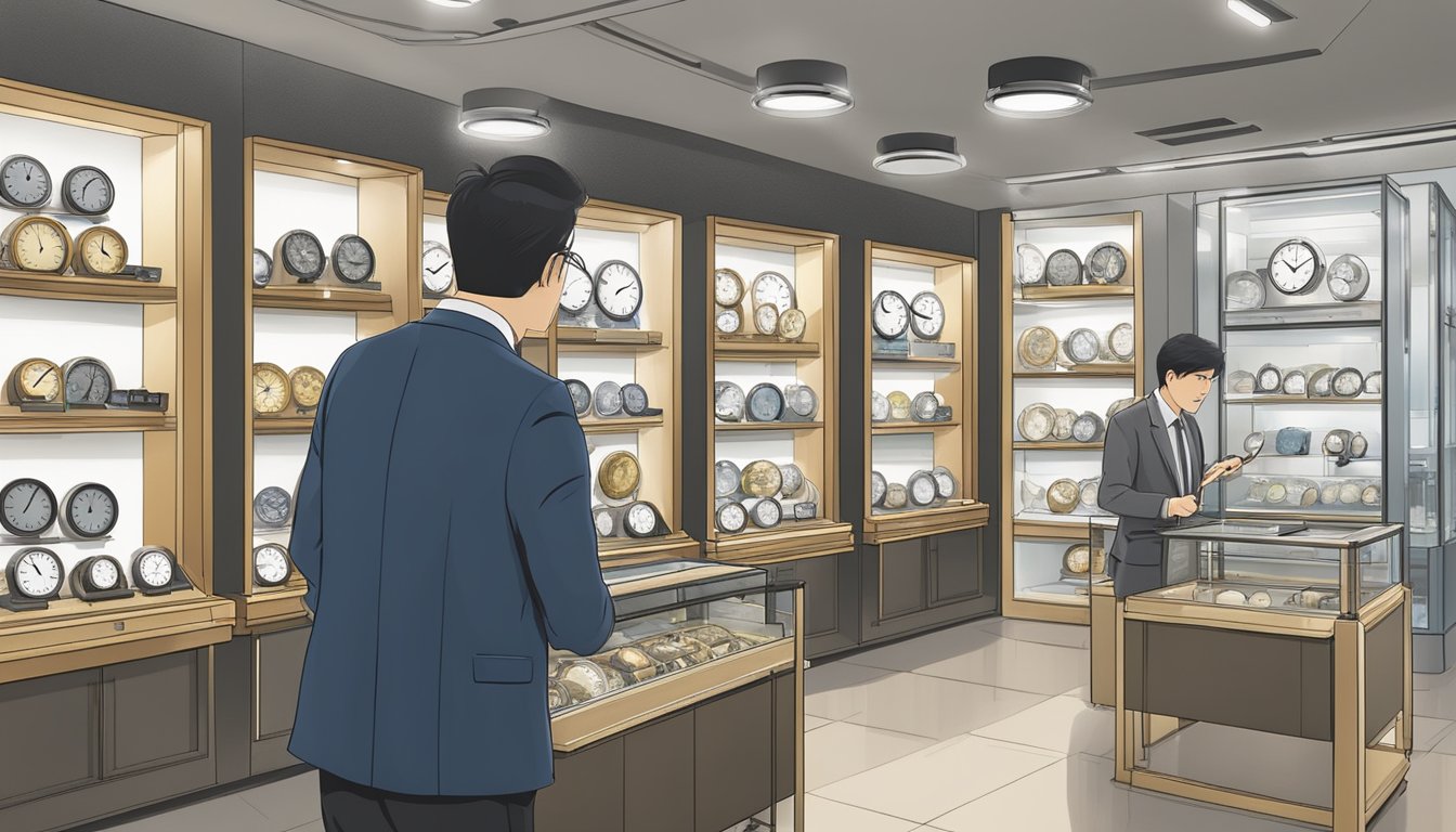 A customer carefully examines a variety of Seiko wall clocks on display at a store in Singapore, comparing styles and prices before making a decision