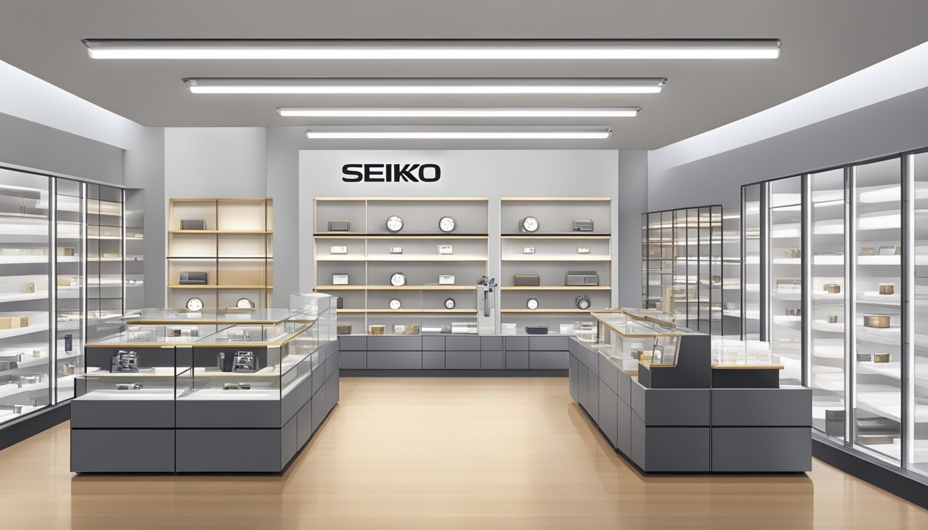 A modern, minimalist store interior with shelves displaying various Seiko wall clocks. Bright lighting and clean lines create a sleek and inviting atmosphere