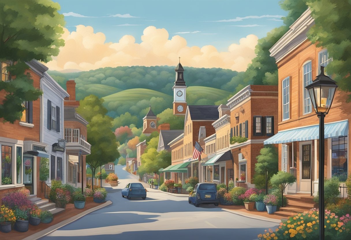 A quaint town nestled in the rolling hills of Ohio, with charming shops and cozy homes lining the streets. The town center features a historic clock tower and a bustling farmer's market
