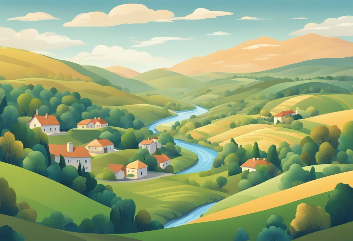 Rolling hills surround a quaint town, with a small river winding through. Trees dot the landscape, and the sky is clear with a gentle breeze