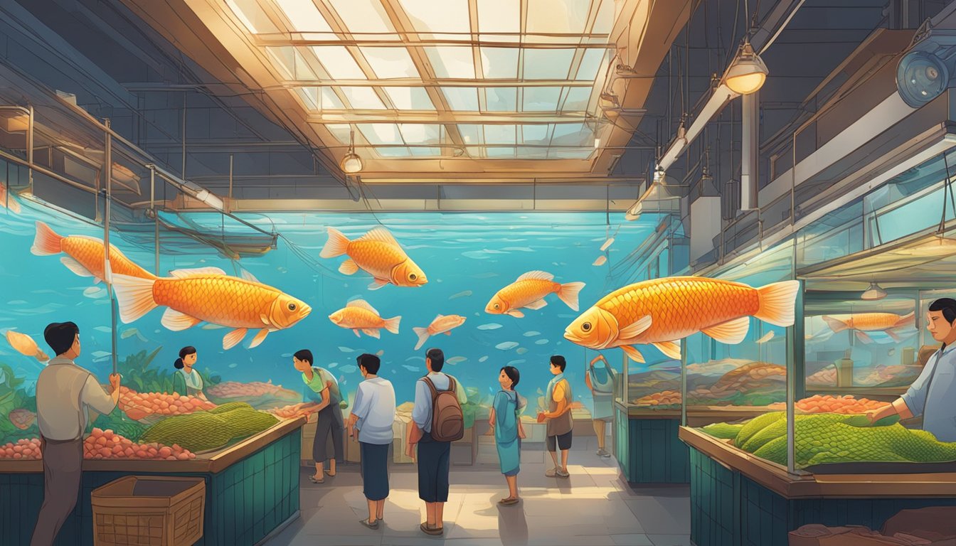 A bustling fish market in Singapore showcases vibrant arowana swimming in large tanks. The colorful and lively atmosphere invites customers to find and purchase their perfect arowana