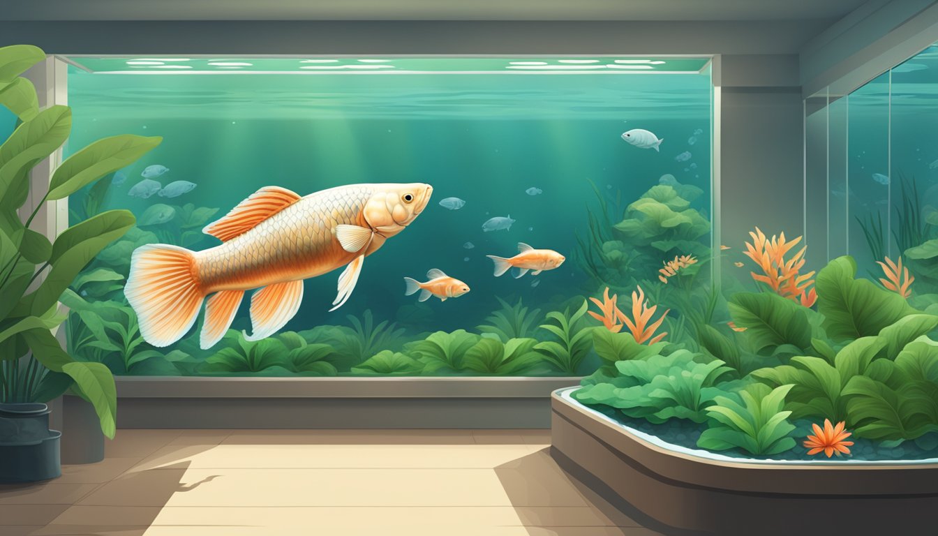 A spacious aquarium with lush green plants and a serene, clear water environment. A majestic arowana swims gracefully, surrounded by clean, well-maintained tank equipment
