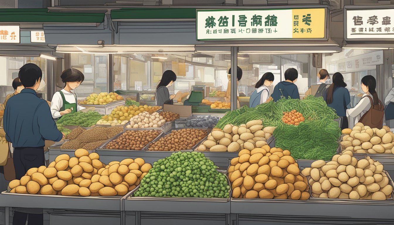 A bustling market stall with a sign advertising "Hokkaido Premium Potatoes" in Singapore. Customers eagerly inspecting the fresh produce, while the vendor arranges the potatoes in neat piles