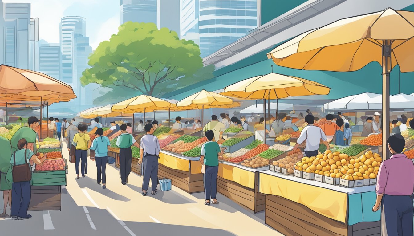 A bustling marketplace with colorful stalls selling Hokkaido premium potatoes in Singapore. Vendors proudly display the fresh, high-quality produce to eager customers