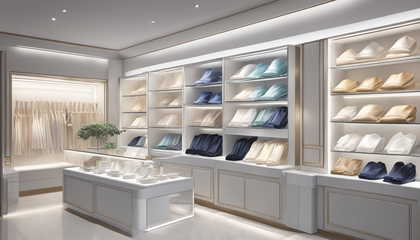 A boutique in Singapore sells satin gloves, displayed on a sleek, white shelf. The soft, shimmering fabric catches the light, drawing in potential buyers