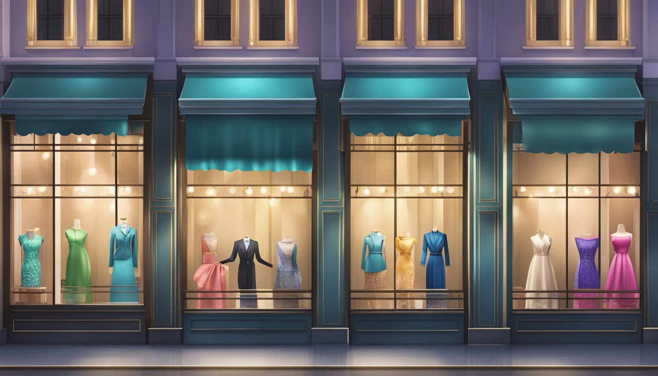 A row of elegant storefronts in Singapore display a variety of satin gloves in different colors and styles, with bright lights illuminating the window displays