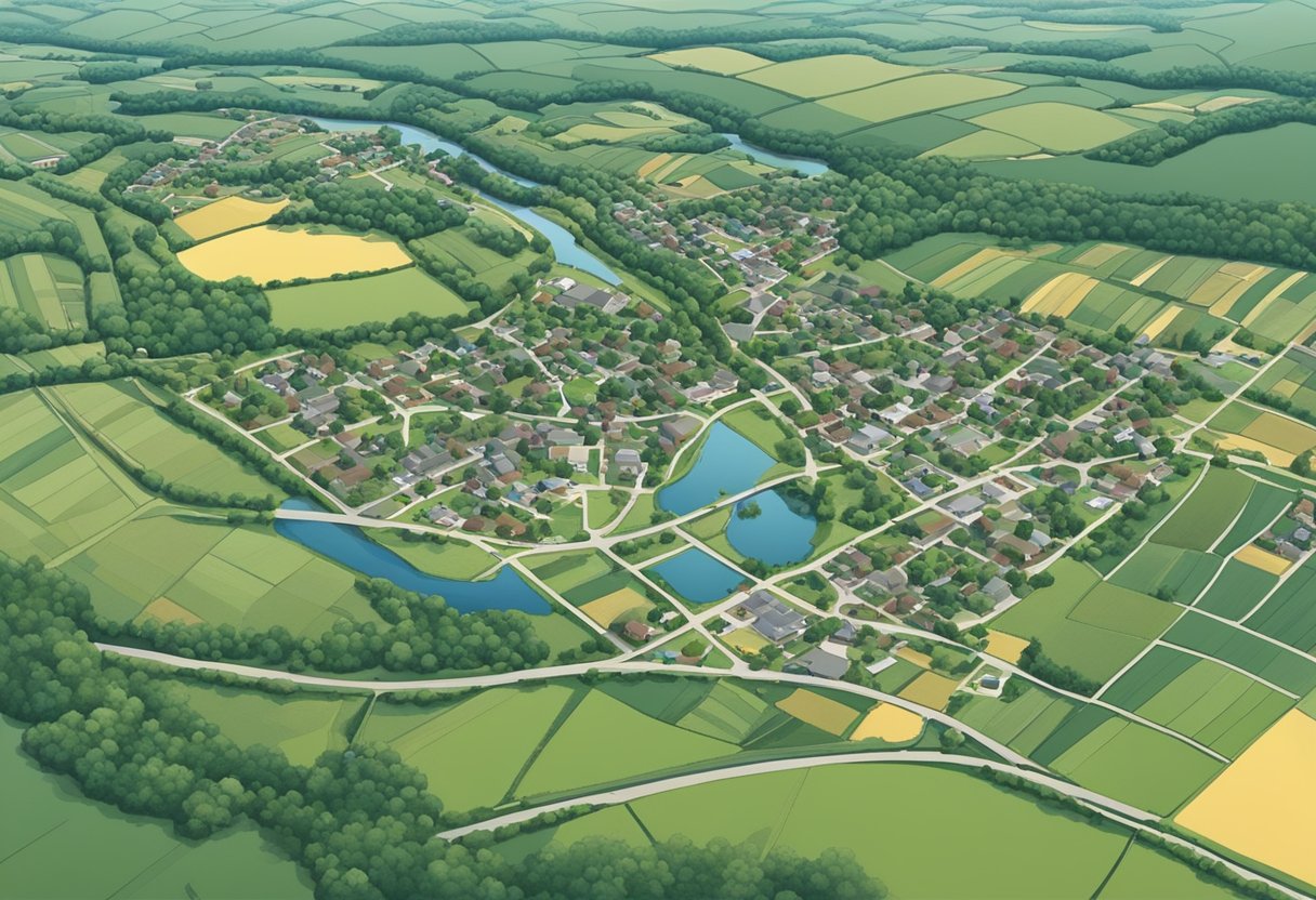 Aerial view of Harpster, OH with small town buildings, surrounding farmland, and a meandering river