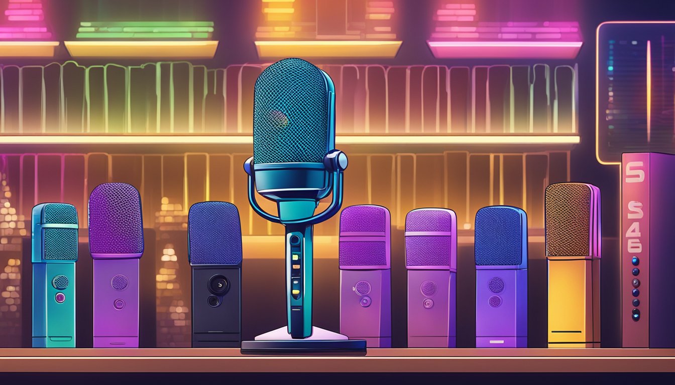 A karaoke microphone sits on a shelf in a music store in Singapore. Bright lights illuminate the display, drawing attention to the sleek design and vibrant colors of the microphones available for purchase
