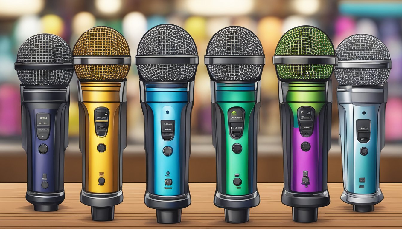 A display of karaoke microphones in various colors and designs, showcased in a well-lit retail store in Singapore