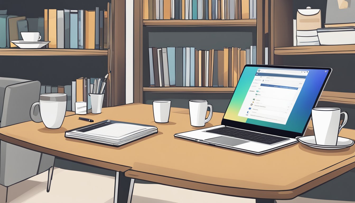 A table with a Rocketbook, pen, and smartphone. A cup of coffee nearby. A laptop open to Rocketbook's website. Bookshelves in the background
