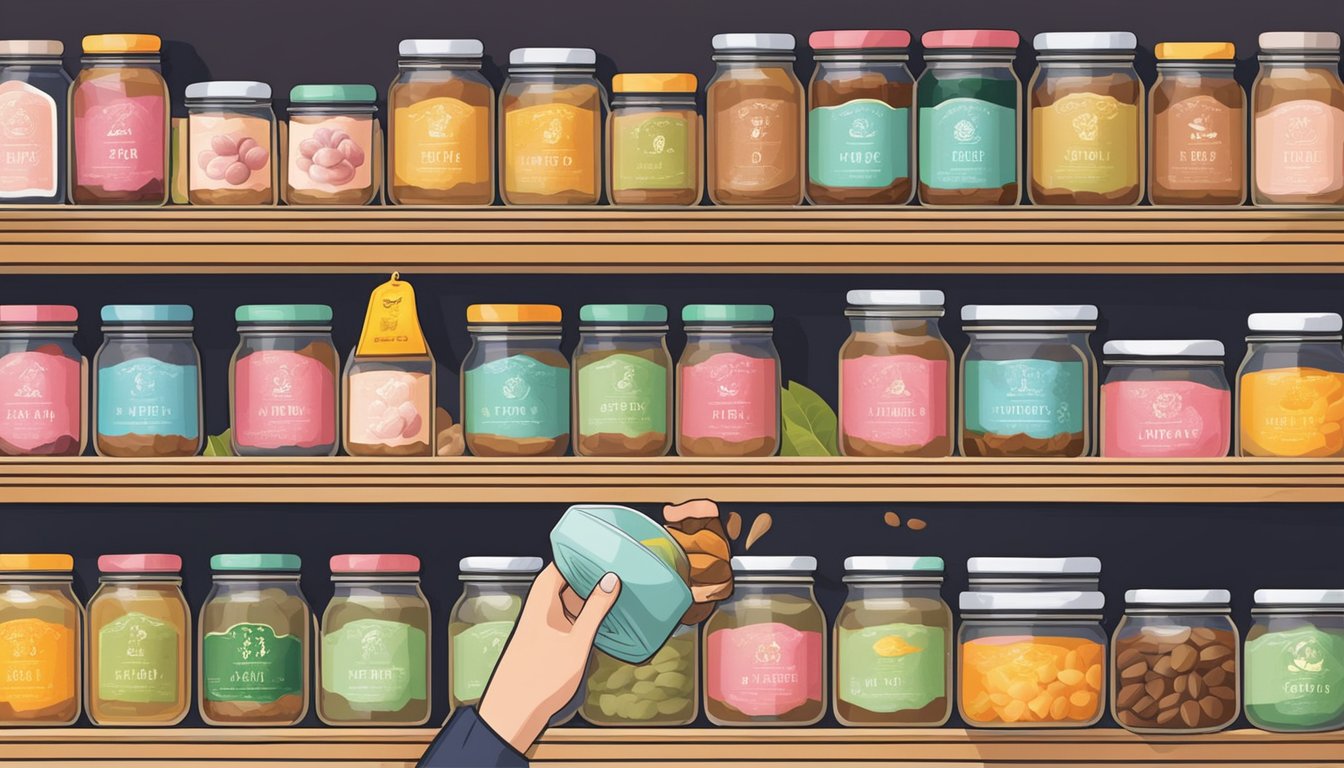 A hand reaches for a jar of lotus paste on a shelf in a Singaporean market. The jars are neatly arranged, with colorful labels and prices displayed