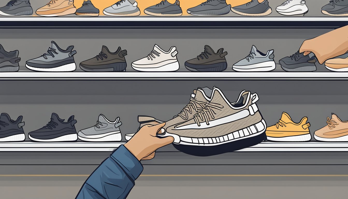 A hand reaches for a pair of Yeezy Boost sneakers on a store shelf in Singapore