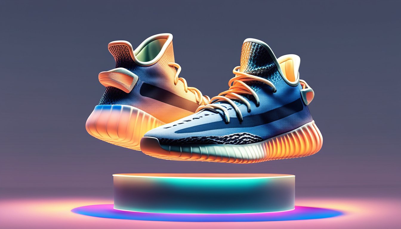 A pair of Yeezy Boost sneakers sits on a sleek display stand, surrounded by bright lights and bold branding. The shoes exude an air of exclusivity and luxury, enticing customers to experience the ultimate Yeezy purchase