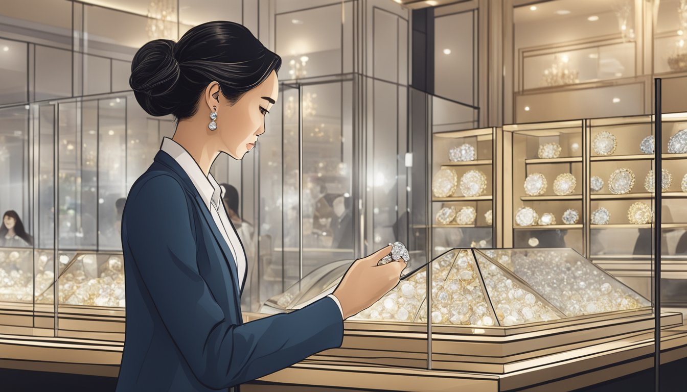 A customer selects diamonds from a display case in a luxurious Singapore jewelry store