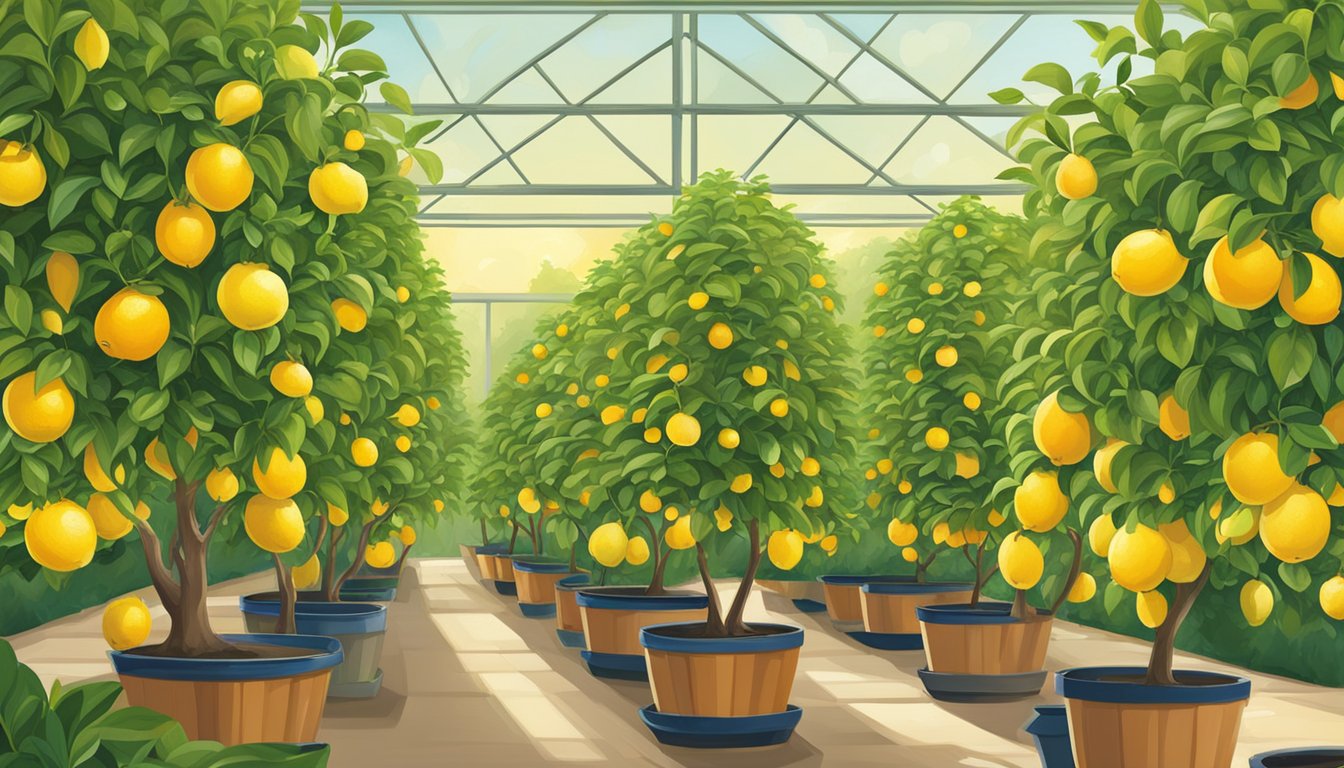 A vibrant garden center displays rows of Meyer lemon trees in pots, with bright green leaves and fragrant blossoms, set against a backdrop of lush foliage and warm sunlight