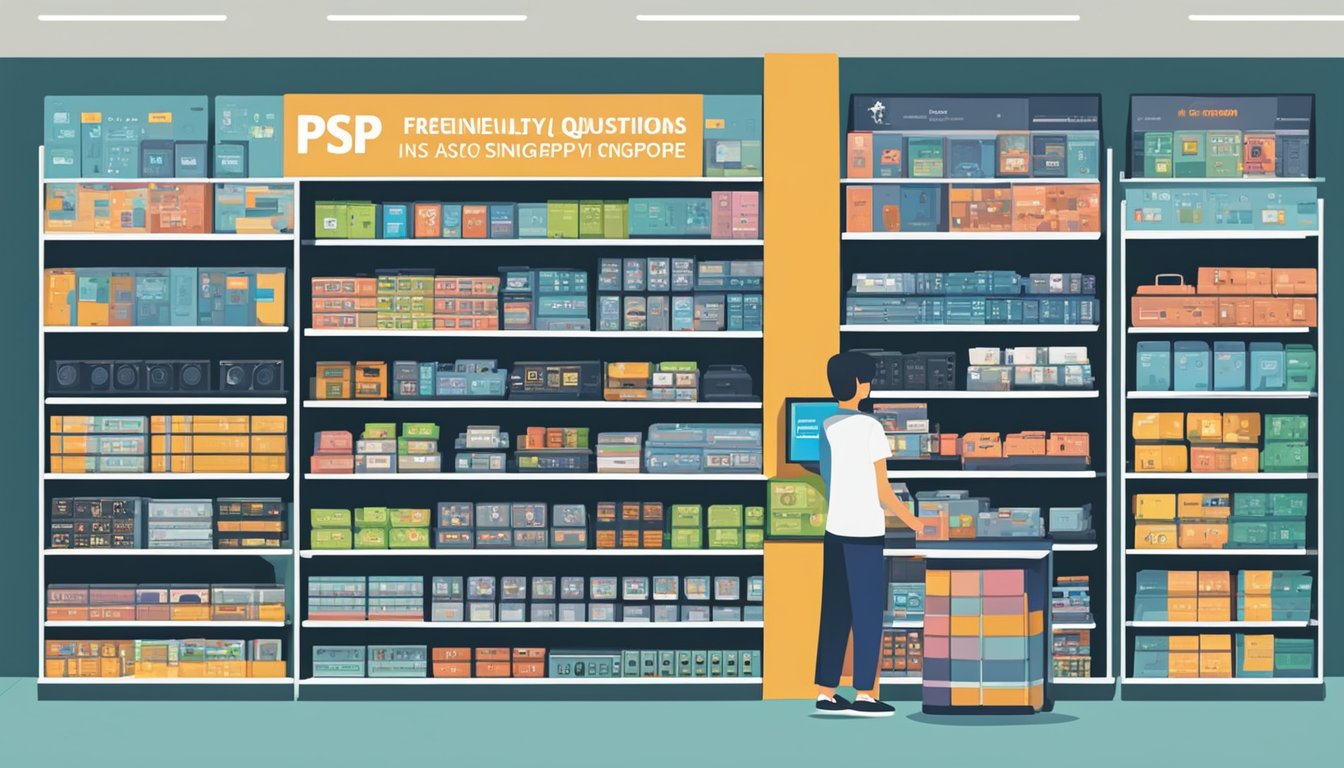 A busy electronic store with shelves of PSP consoles and a sign reading "Frequently Asked Questions: where to buy psp in Singapore"